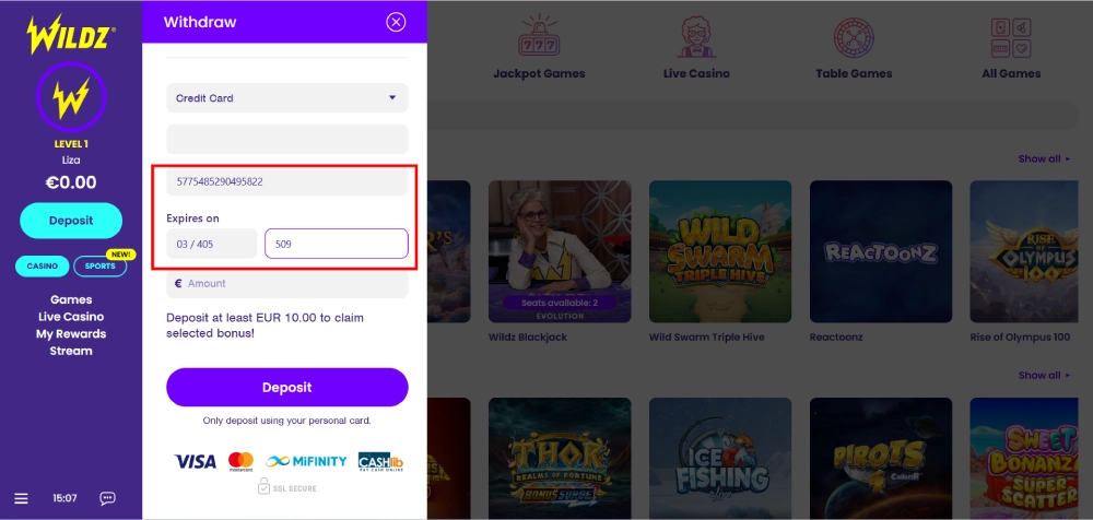 Oppgi nødvendige opplysninger som bank